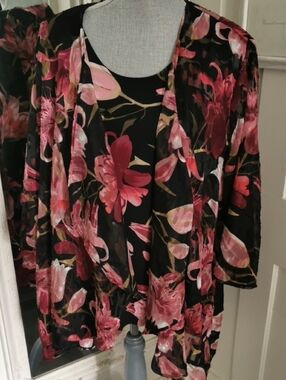 Womens 2 Piece Set TanJay Semi Sheer Chiffon Lilies Open Front Cardigan/ Tank 14
